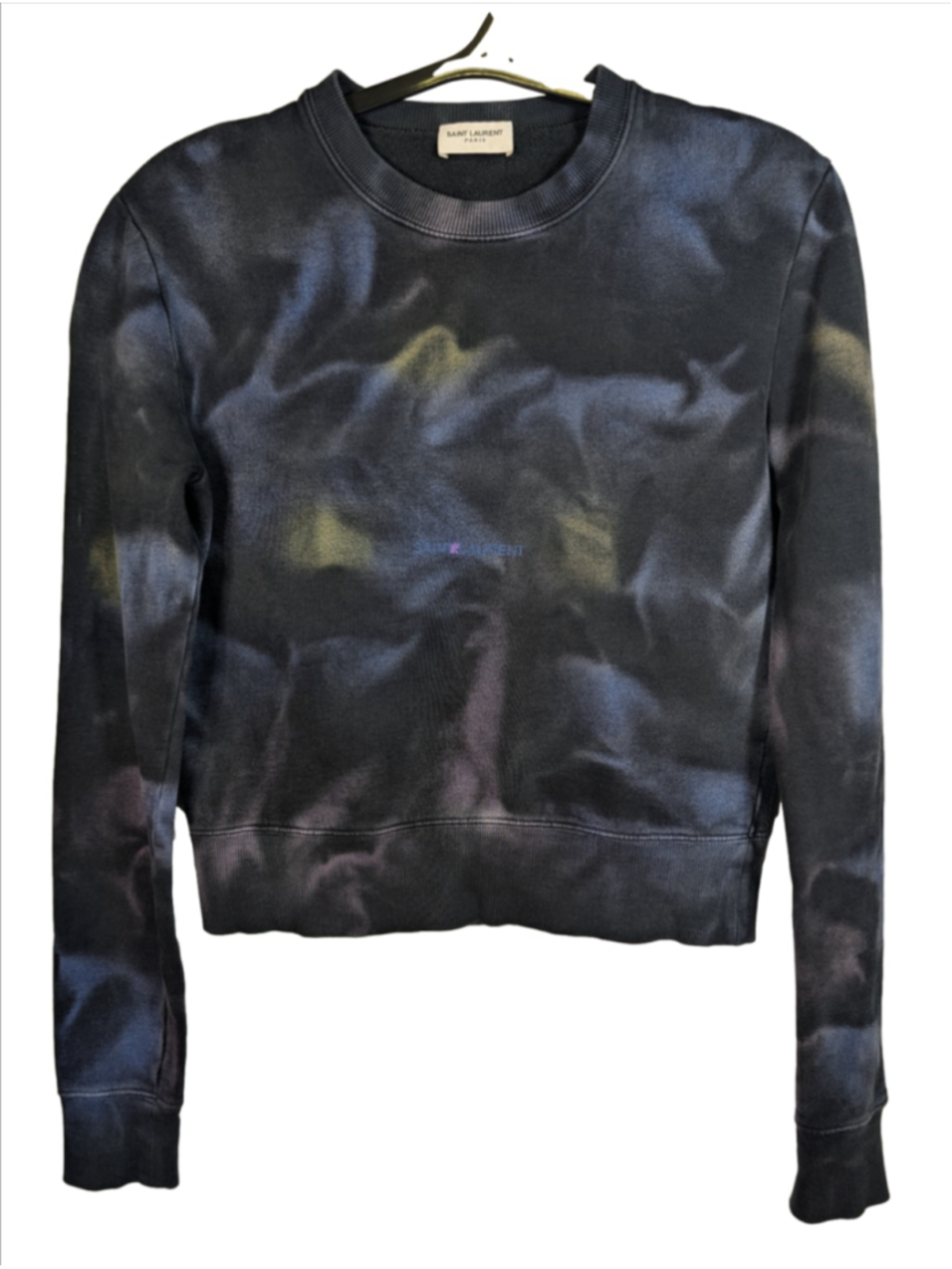 Saint Laurent YSL Tie Dye Crewneck Sweatshirt Black Yellow Blue XS Excellent